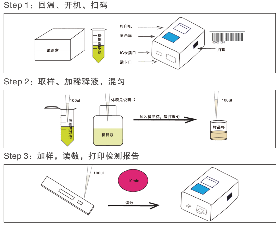 黄曲霉素荧光定量检测试纸条检测过程操作示意图